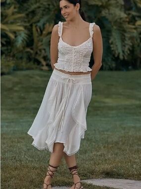 Boho White Tiered Midi Skirt with Smocked Waist